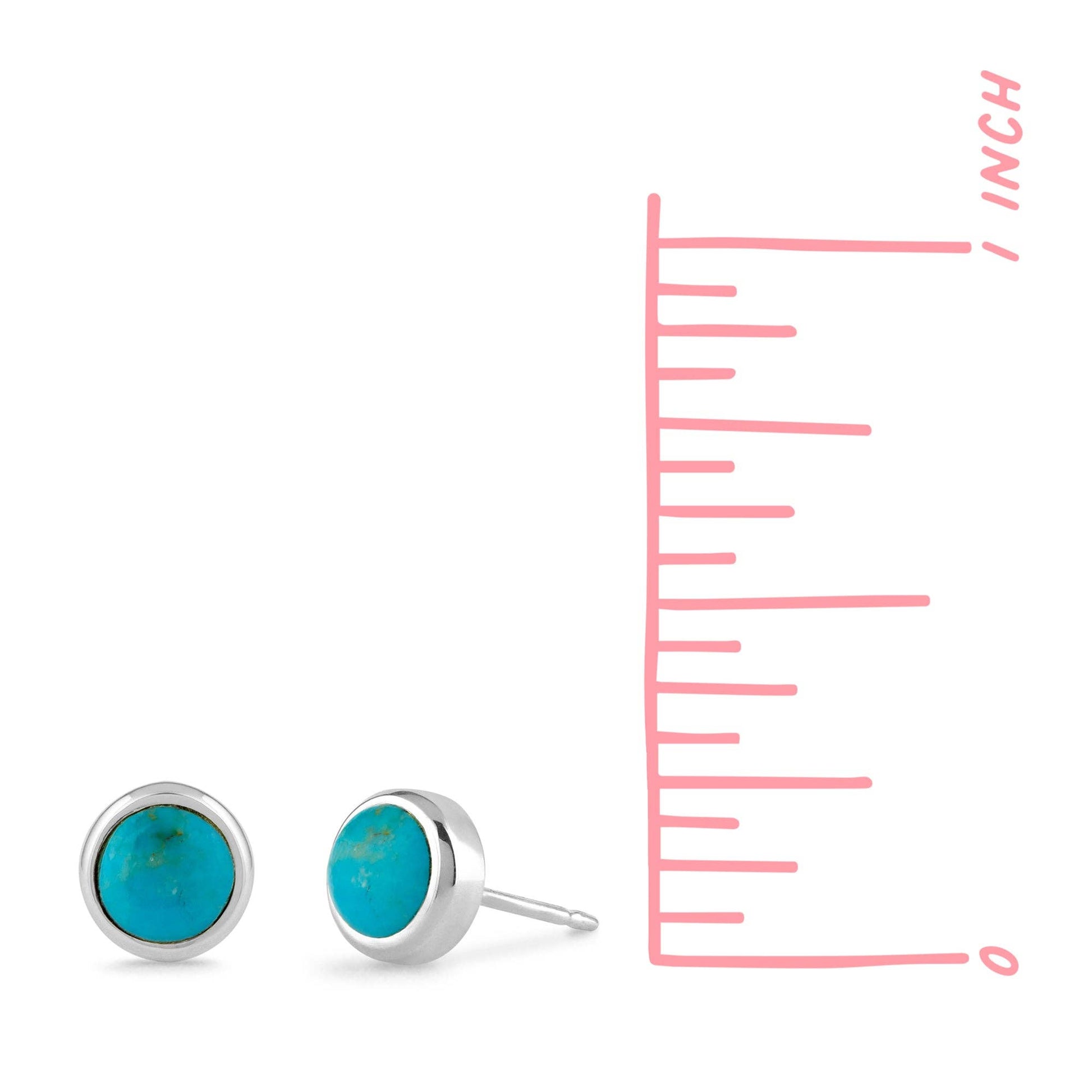 Close-up of bezel-set turquoise gemstones in handcrafted sterling silver stud earrings.