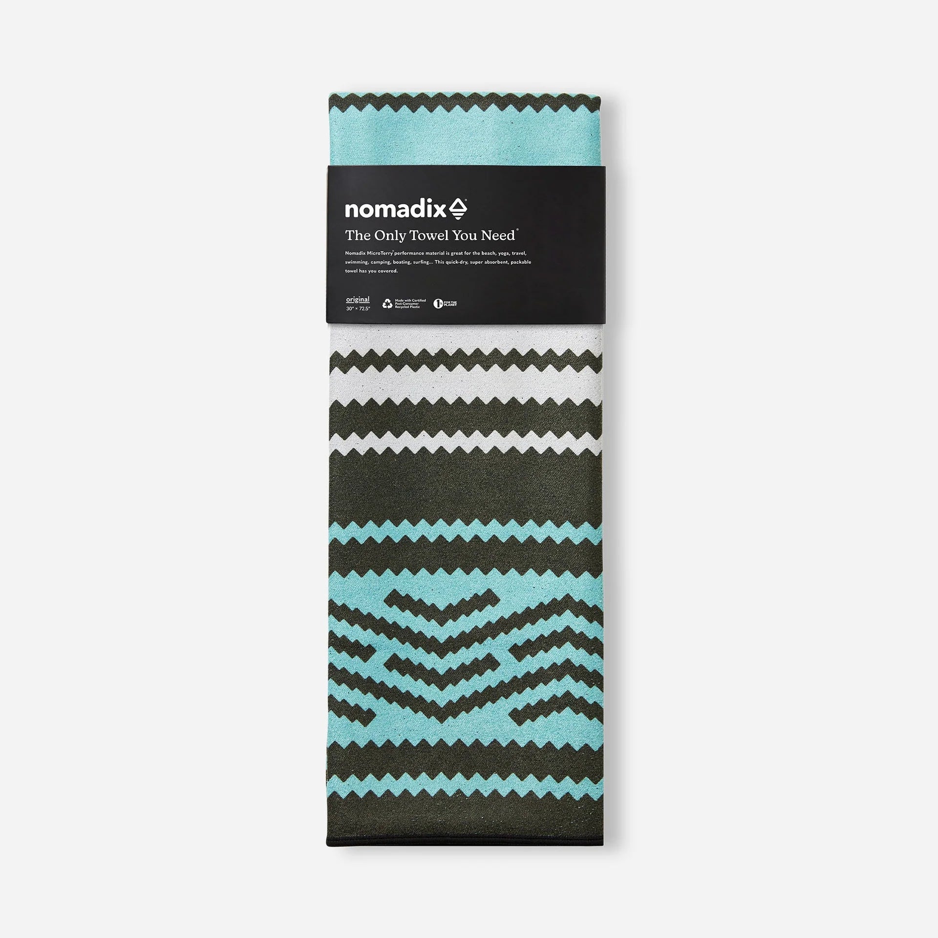 Nomadix Original Travel Towel in Baja Aqua featuring a vibrant geometric pattern and quick-dry MicroTerry™ performance fabric.