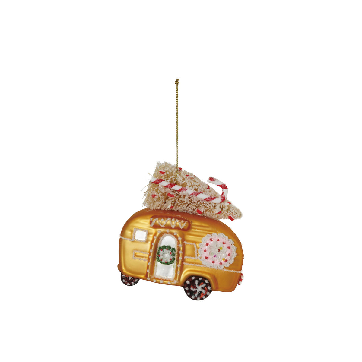 Hand-painted gingerbread camper glass Christmas ornament with a bottle brush tree, wreath, candy cane details, and glitter.