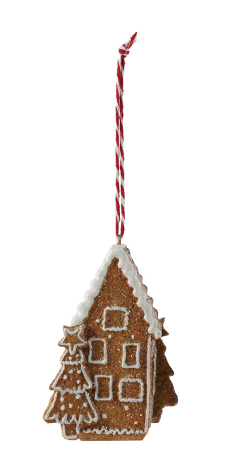 Tree House Gingerbread Ornament with a tall roof, white icing details, and decorated Christmas tree.