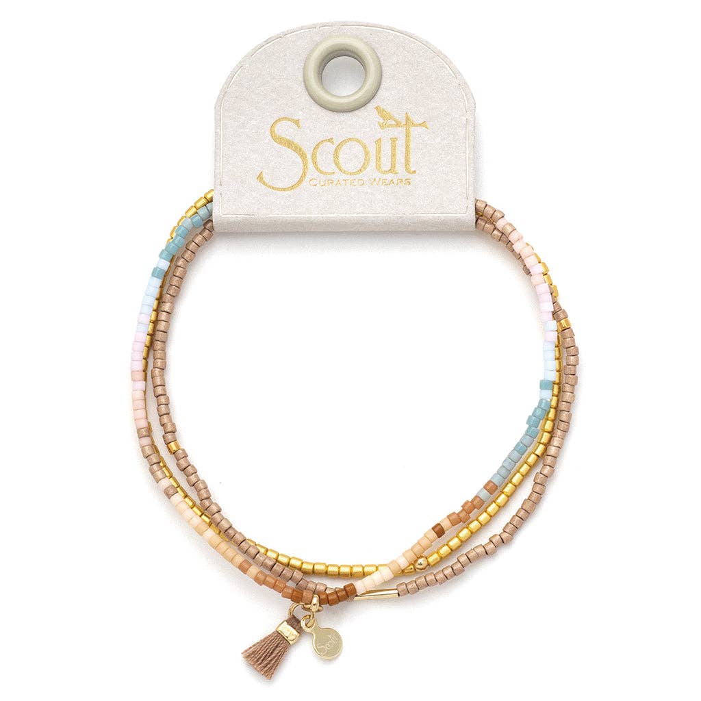 Chromacolor Miyuki Bracelet Trio featuring three stretch bracelets with Desert Multi Miyuki beads and gold-dipped accents.