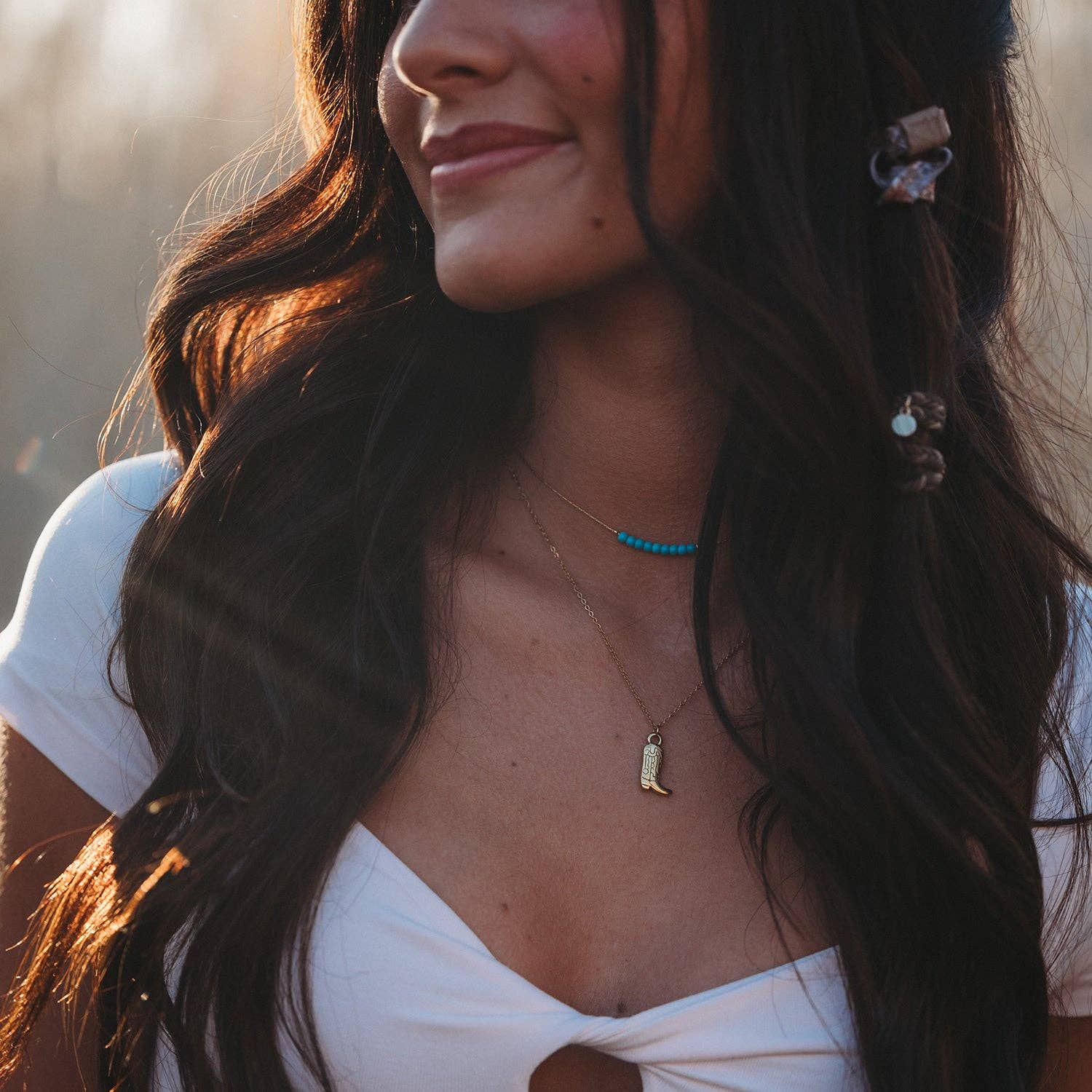 Stride Gold Cowboy Boot & Turquoise Necklace Set styled together for a layered Western-inspired jewelry look.