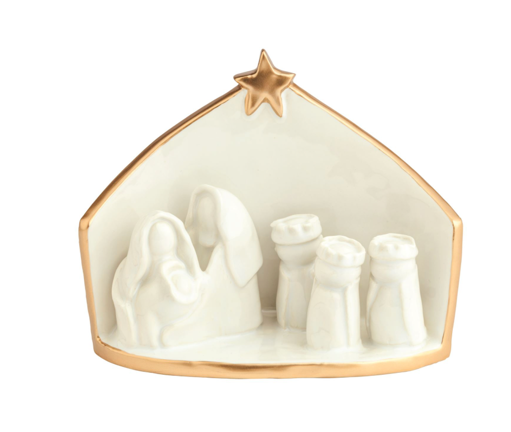 Glazed stoneware Nativity scene with the Holy Family, wise men, and hand-painted gold edge.