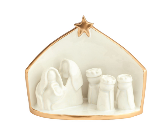 Glazed stoneware Nativity scene with the Holy Family, wise men, and hand-painted gold edge.