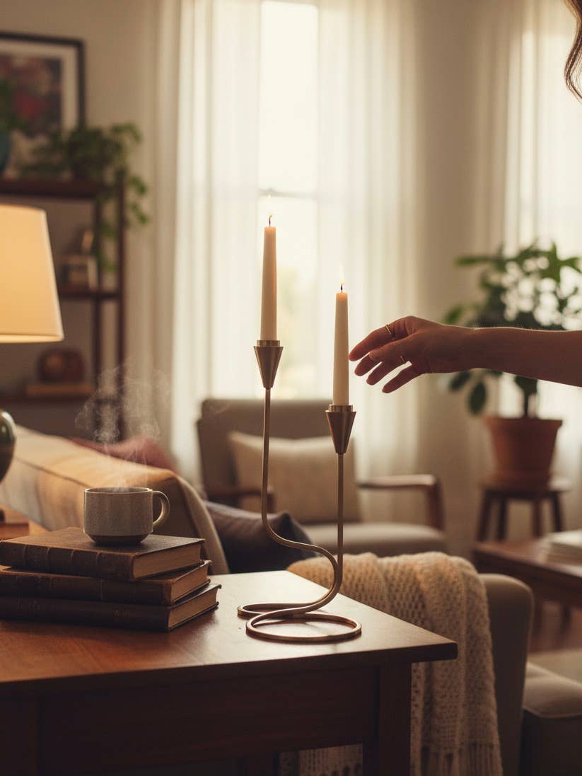 Gold loop taper candle holder styled with taper candles on a dining table alongside collected decorative accents.