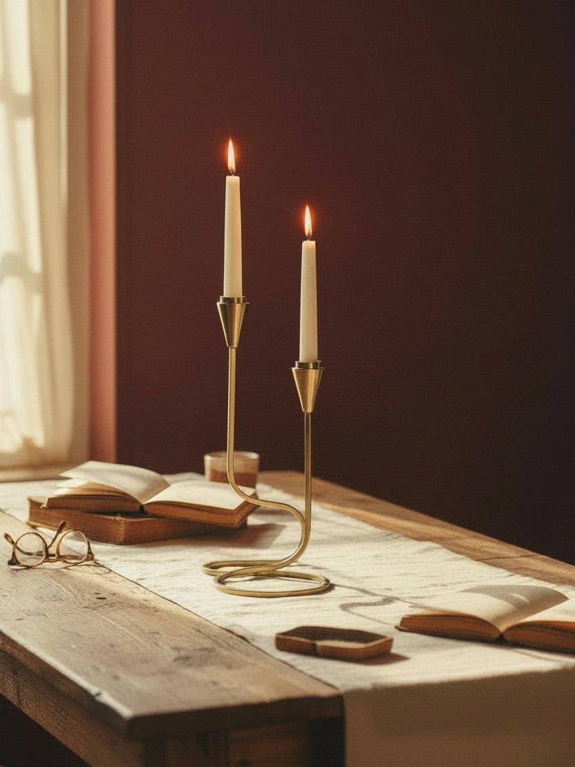 Side profile of handcrafted iron taper candle holder with an architectural looping design.