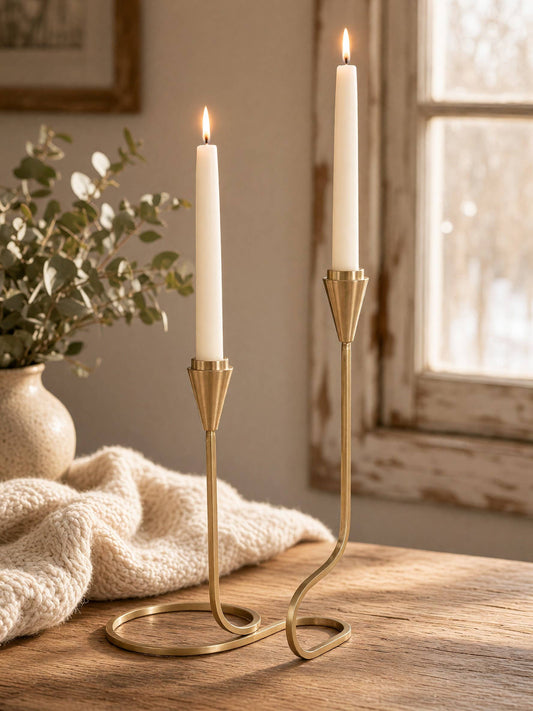 Handcrafted gold iron taper candle holder with a distinctive sculptural loop design.