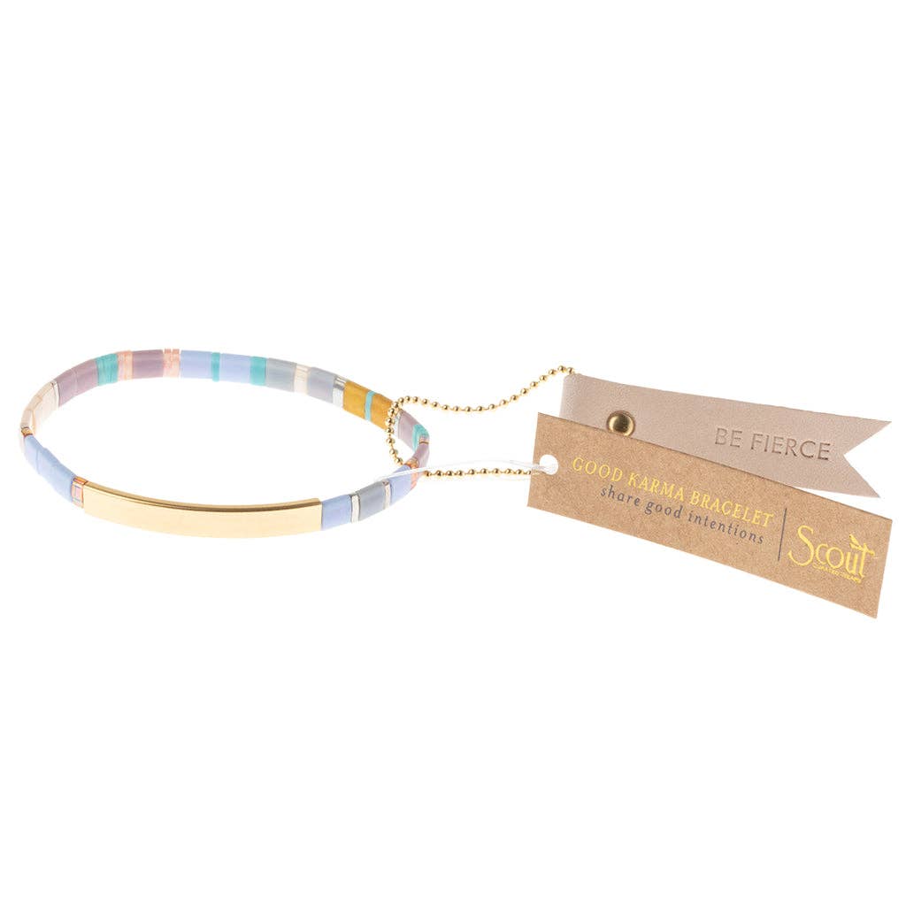 Good Karma Miyuki Bracelet featuring lavender Japanese Miyuki glass beads and a 14K gold-dipped bar engraved with "Be Fierce."