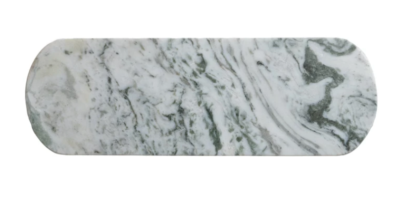 Green mélange marble cheese board with an elegant oval shape and natural stone veining.