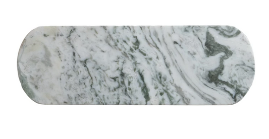 Green mélange marble cheese board with an elegant oval shape and natural stone veining.