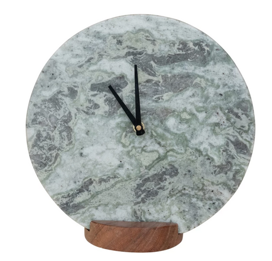 Green Mélange Marble Clock with Acacia Wood Base