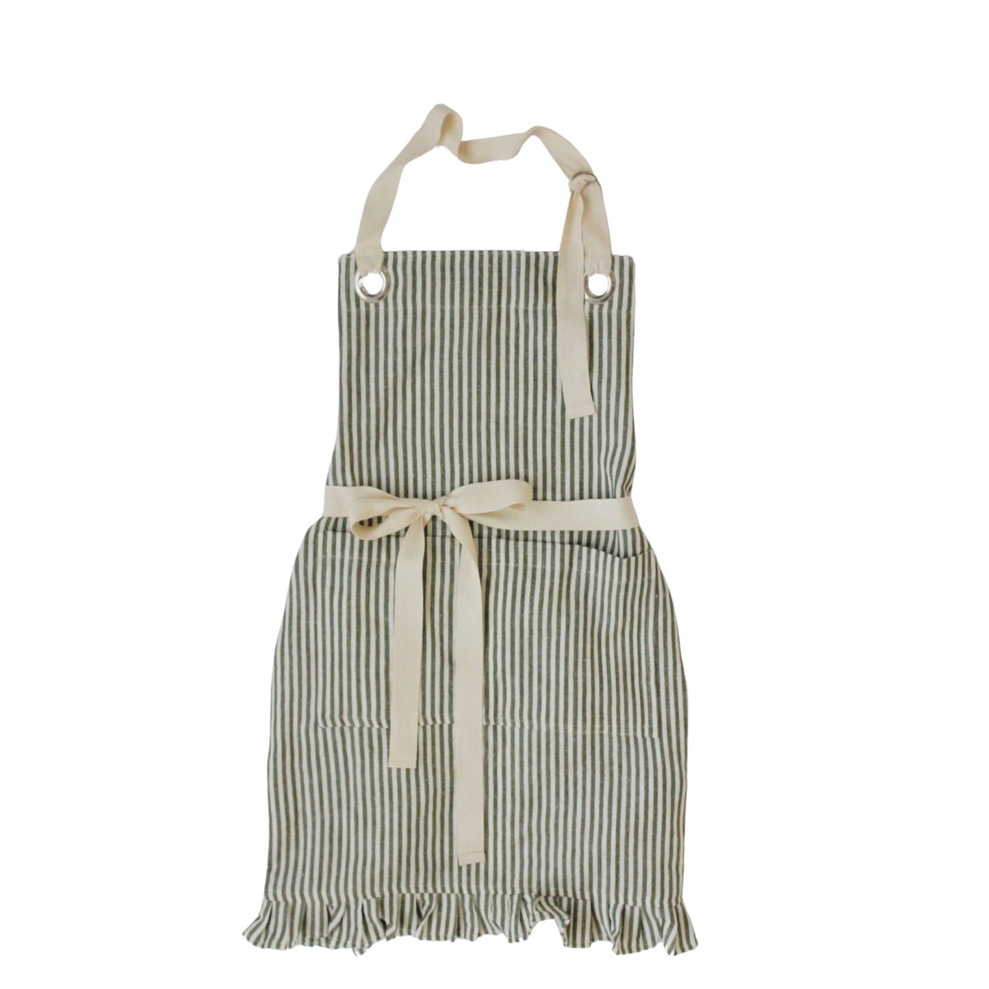 Green Pinstripe Ruffle Apron made from a premium cotton and linen blend with charming ruffle trim, an adjustable neck strap, and a front pocket.
