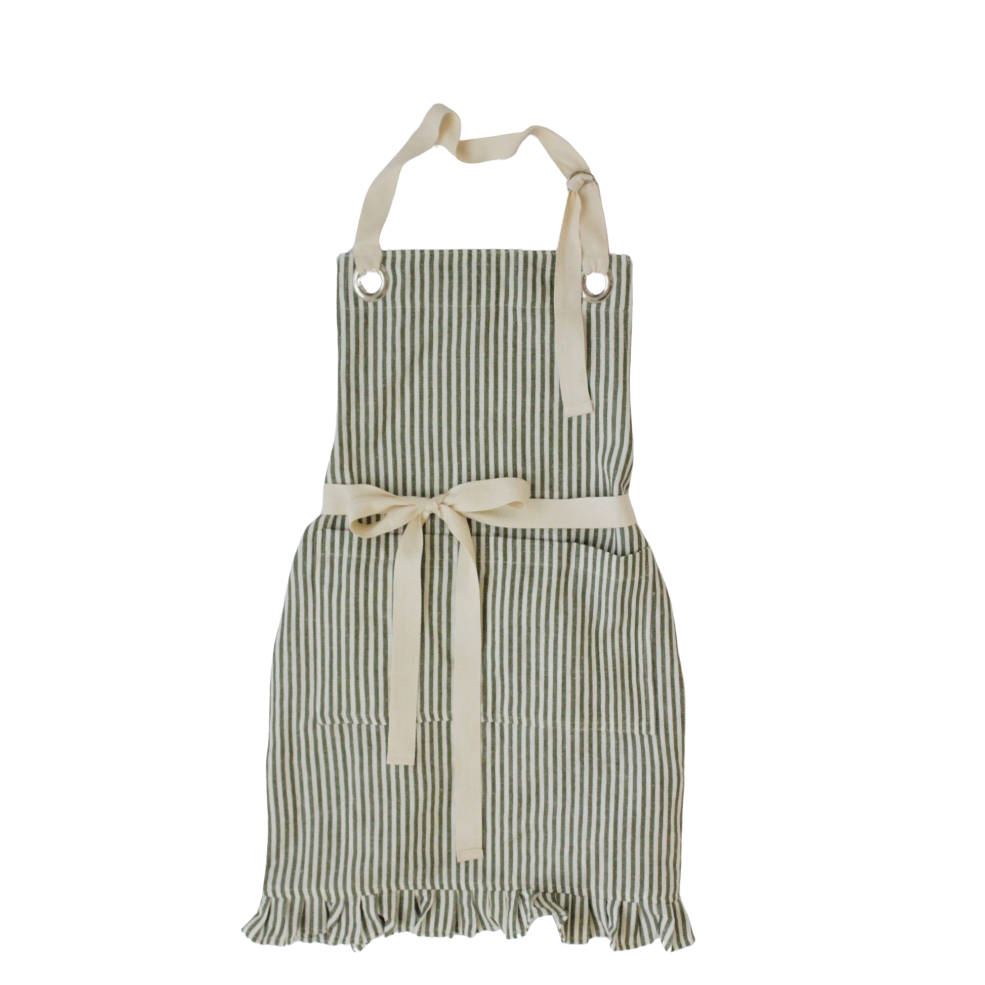 Green Pinstripe Ruffle Apron made from a premium cotton and linen blend with charming ruffle trim, an adjustable neck strap, and a front pocket.