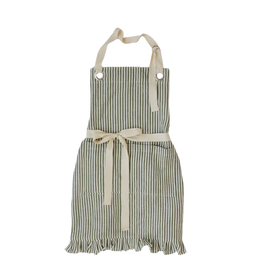 Green Pinstripe Ruffle Apron made from a premium cotton and linen blend with charming ruffle trim, an adjustable neck strap, and a front pocket.