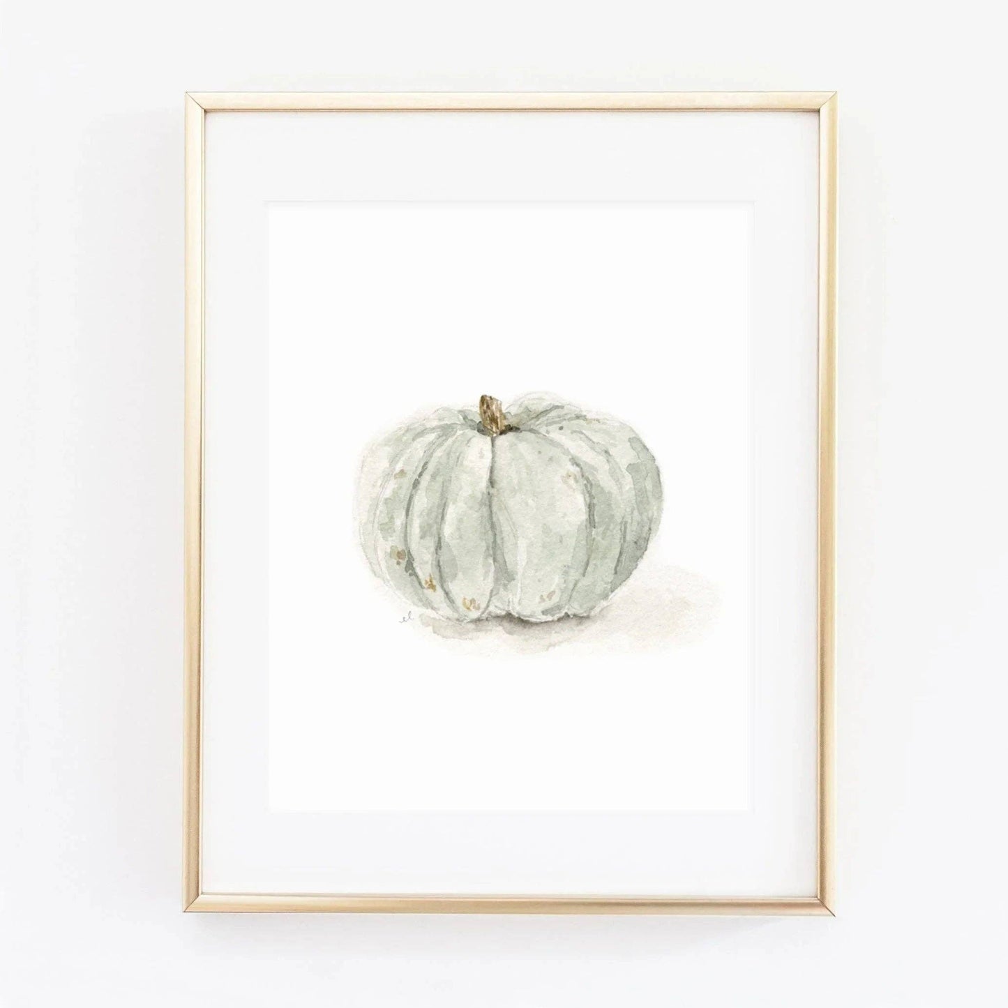 Green Pumpkin Watercolor Art Print by Emily Lex featuring an original watercolor painting of a green heirloom pumpkin.