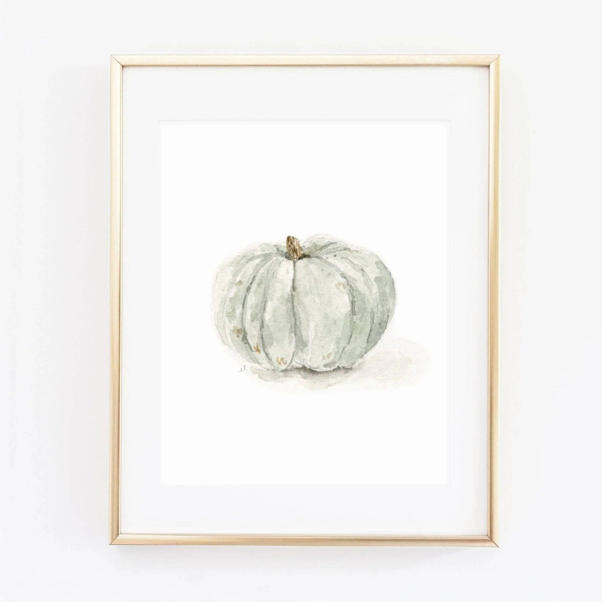 Green Pumpkin Watercolor Art Print by Emily Lex featuring an original watercolor painting of a green heirloom pumpkin.