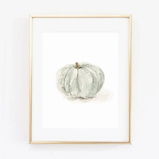 Green Pumpkin Watercolor Art Print by Emily Lex featuring an original watercolor painting of a green heirloom pumpkin.