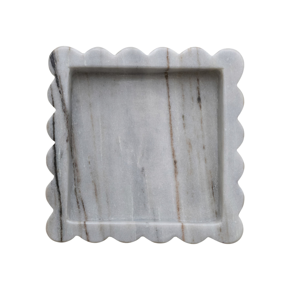 Grey Mélange Scalloped Marble Tray with a square silhouette, softly curved edges, and naturally varied stone veining.
