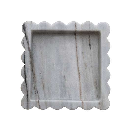Grey Mélange Scalloped Marble Tray with a square silhouette, softly curved edges, and naturally varied stone veining.