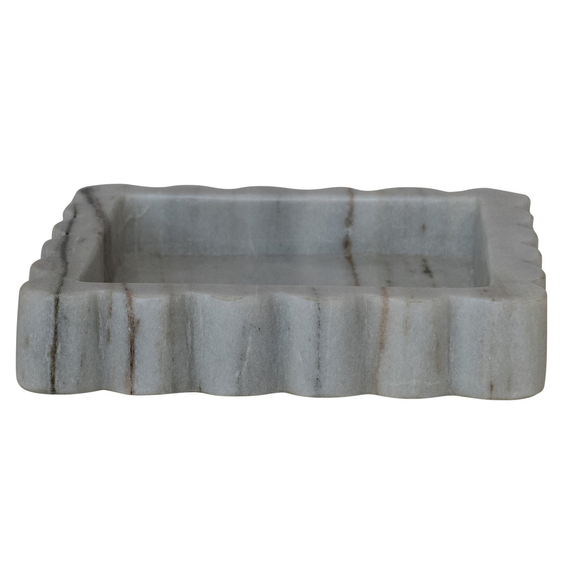 Grey Mélange Scalloped Marble Tray with a square silhouette, softly curved edges, and naturally varied stone veining.
