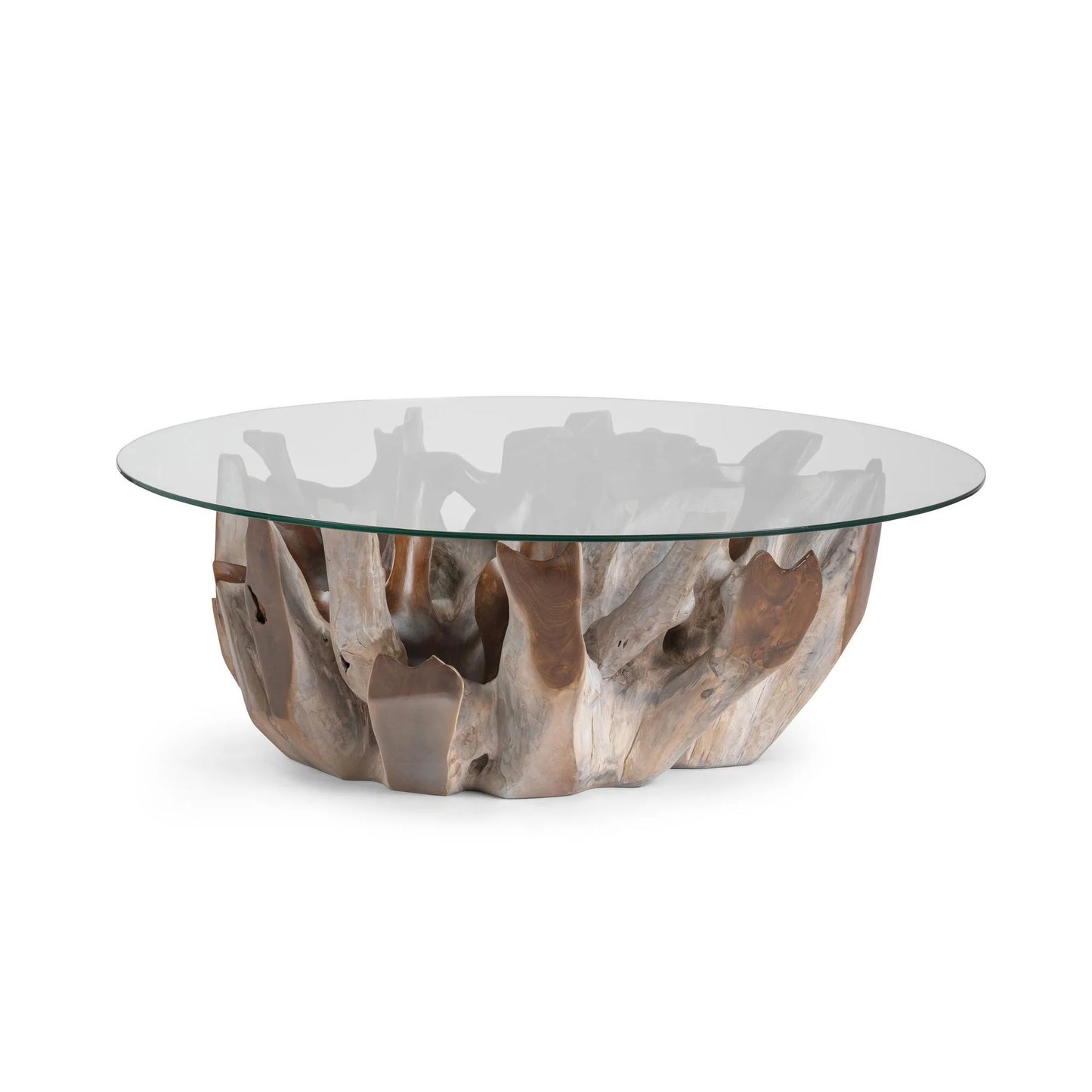 Hailey round coffee table featuring a sculptural reclaimed teak root base with a clear tempered glass top.