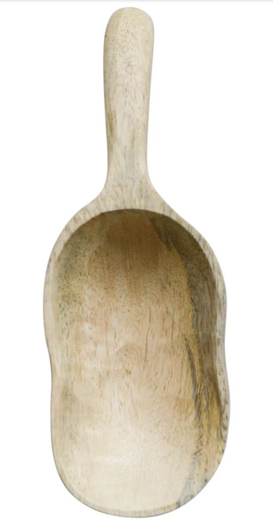 Hand-carved mango wood scoop featuring a natural finish and artisan craftsmanship.