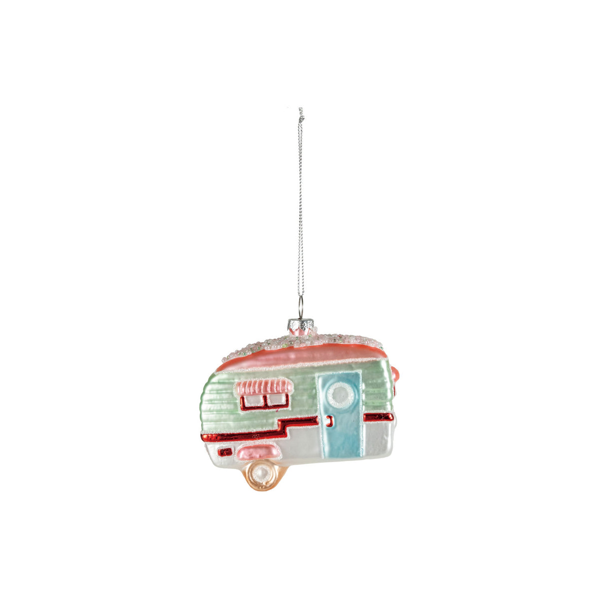 Hand-painted glass camper Christmas ornament with colorful details, sparkling glitter, and decorative beads.