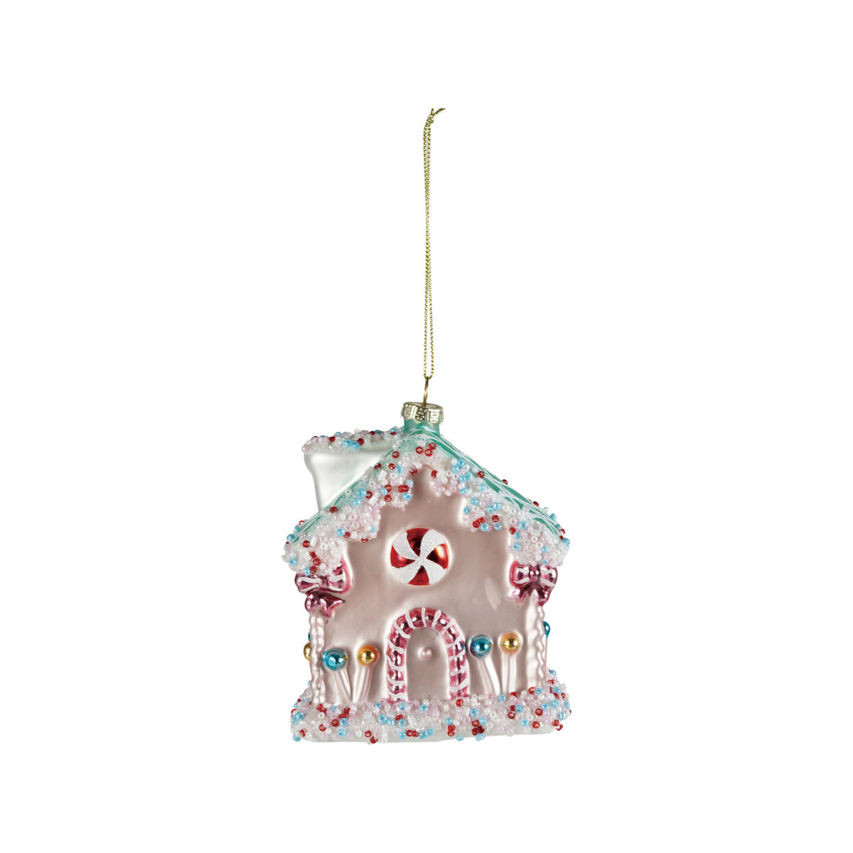 Hand-painted glass candy house Christmas ornament in pink with colorful candy details, glitter, and decorative beads.