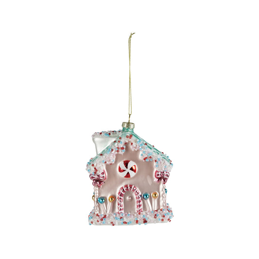 Hand-painted glass candy house Christmas ornament in pink with colorful candy details, glitter, and decorative beads.