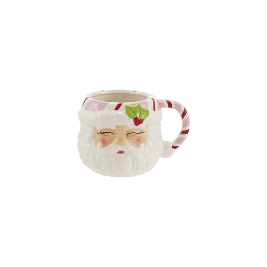 Hand-painted ceramic Santa mug with rosy cheeks, white beard, holly accent, and red-and-white candy cane striped handle.