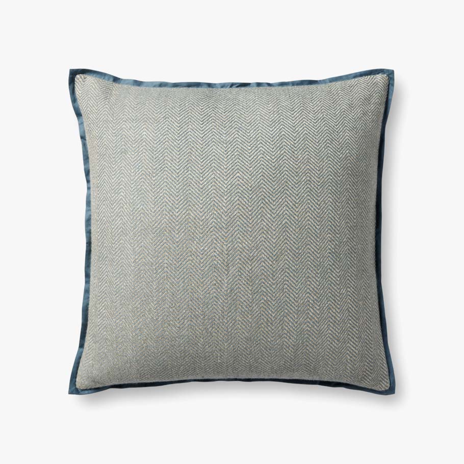Hand-stitched blue decorative throw pillow with a contrast flange edge, coordinating ivory back, and premium down-filled insert.