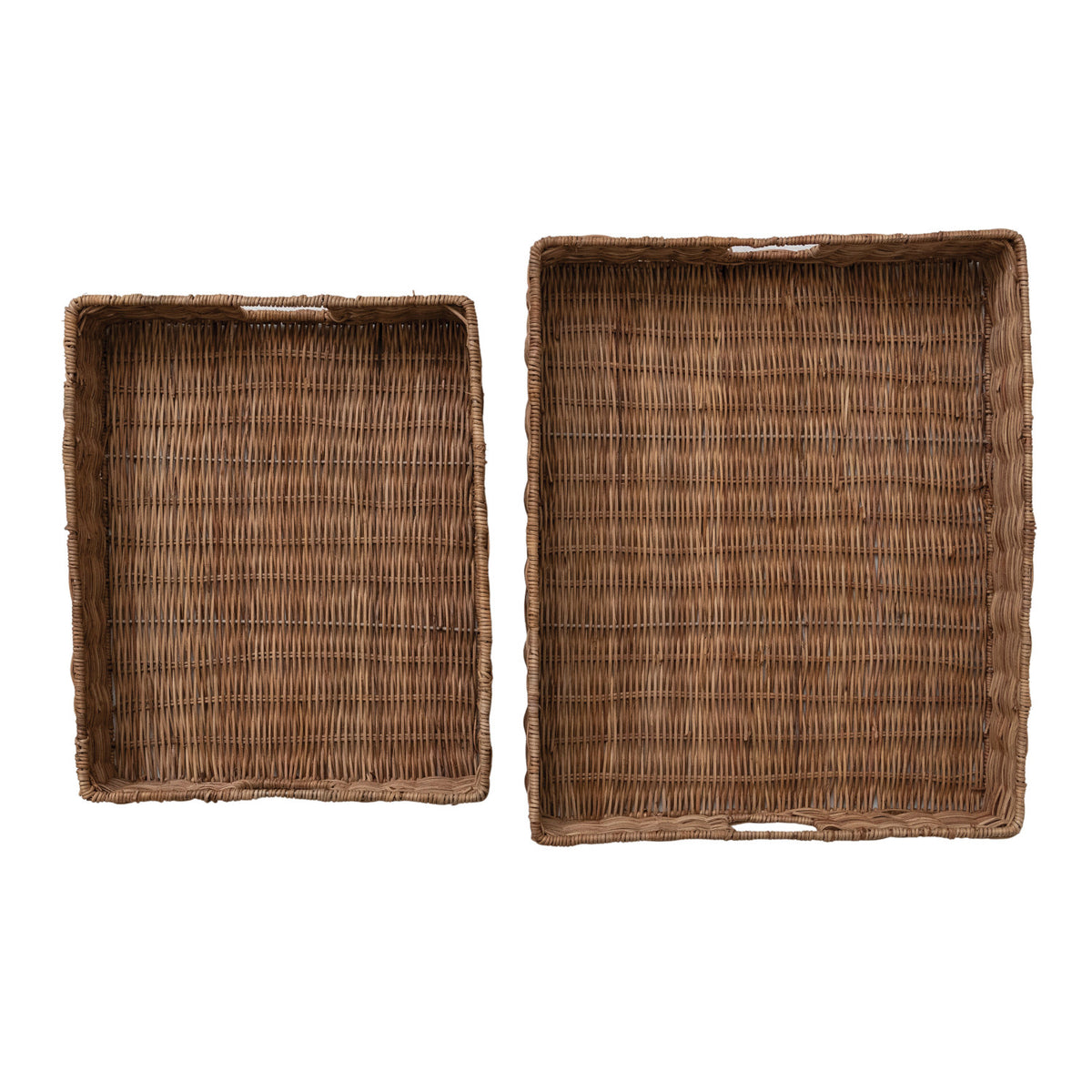 Hand-woven natural rattan tray with integrated metal handles and a warm woven texture.