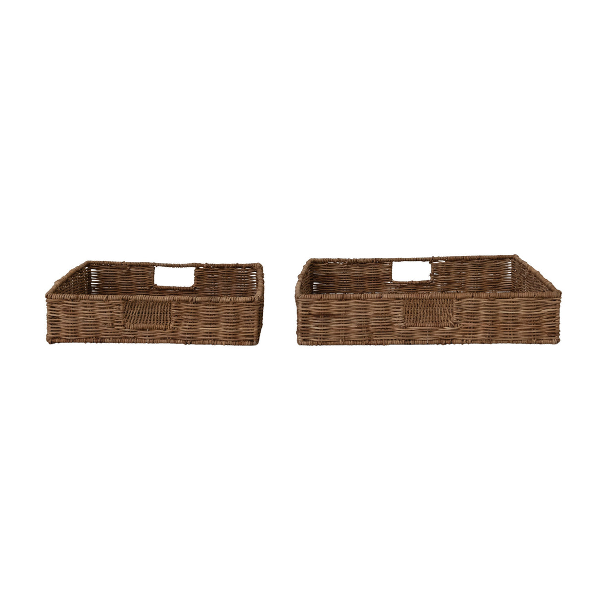 Hand-woven natural rattan tray with integrated metal handles and a warm woven texture.
