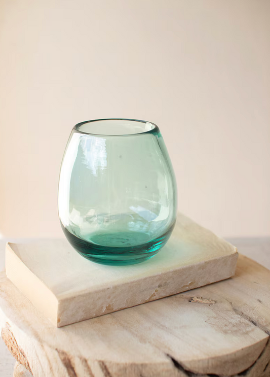 Handblown stemless wine glass crafted from recycled glass with an organic shape.