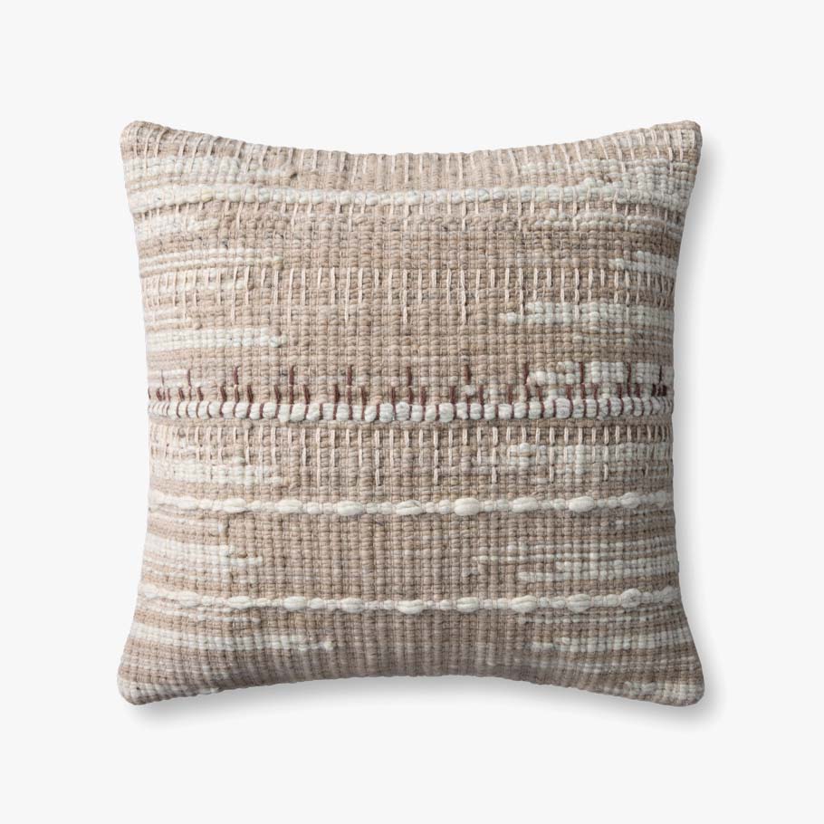 Handwoven wool throw pillow in Ivory and Beige featuring a textured woven design, knife-edge finish, and premium down-filled insert.