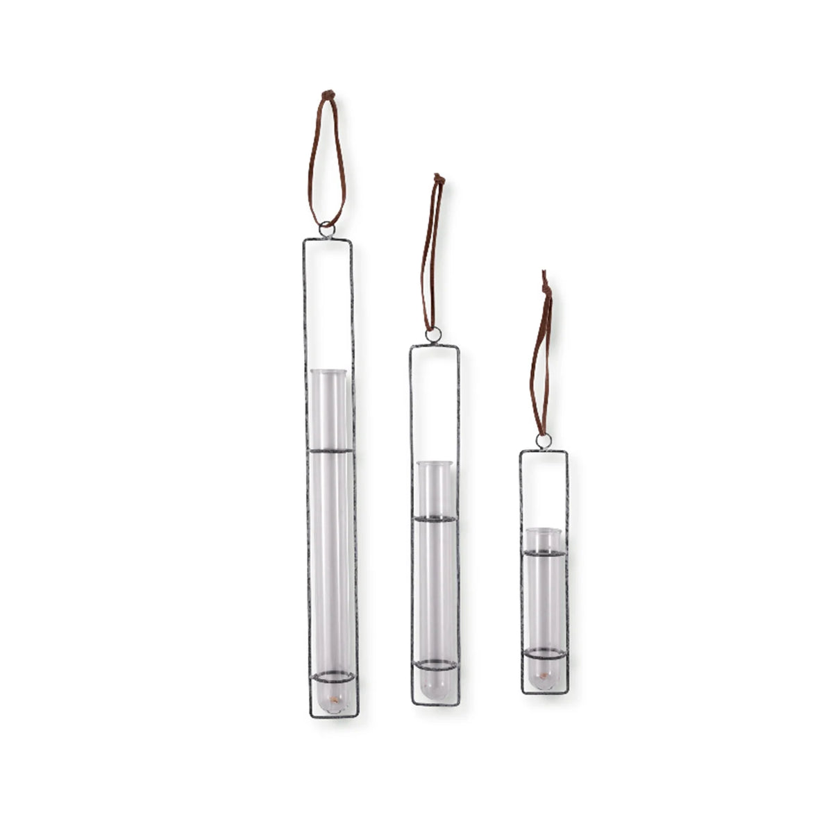 Hanging Glass Tube Vases in a coordinating set of three graduated sizes with metal holders and suede hanging straps.