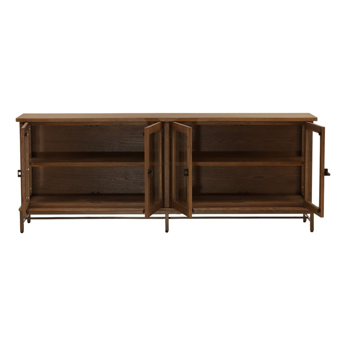 Wide 84-inch dark brown oak sideboard with bronze-finished iron base.