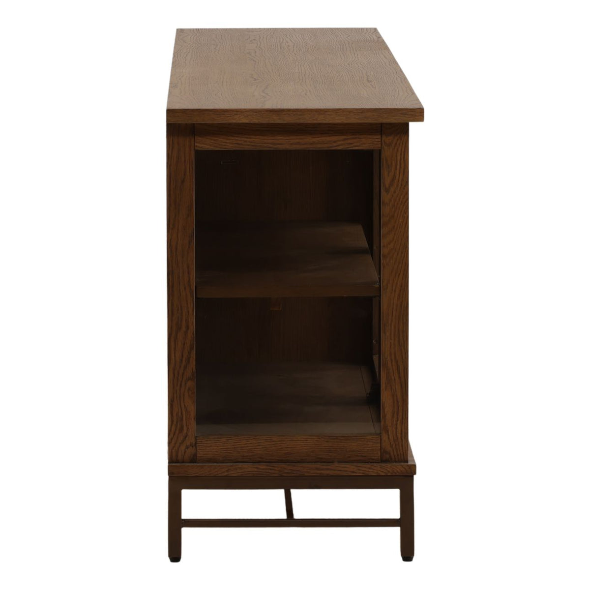 Hawthorne Oak Sideboard in dark brown with a streamlined silhouette and bronze-finished iron base.