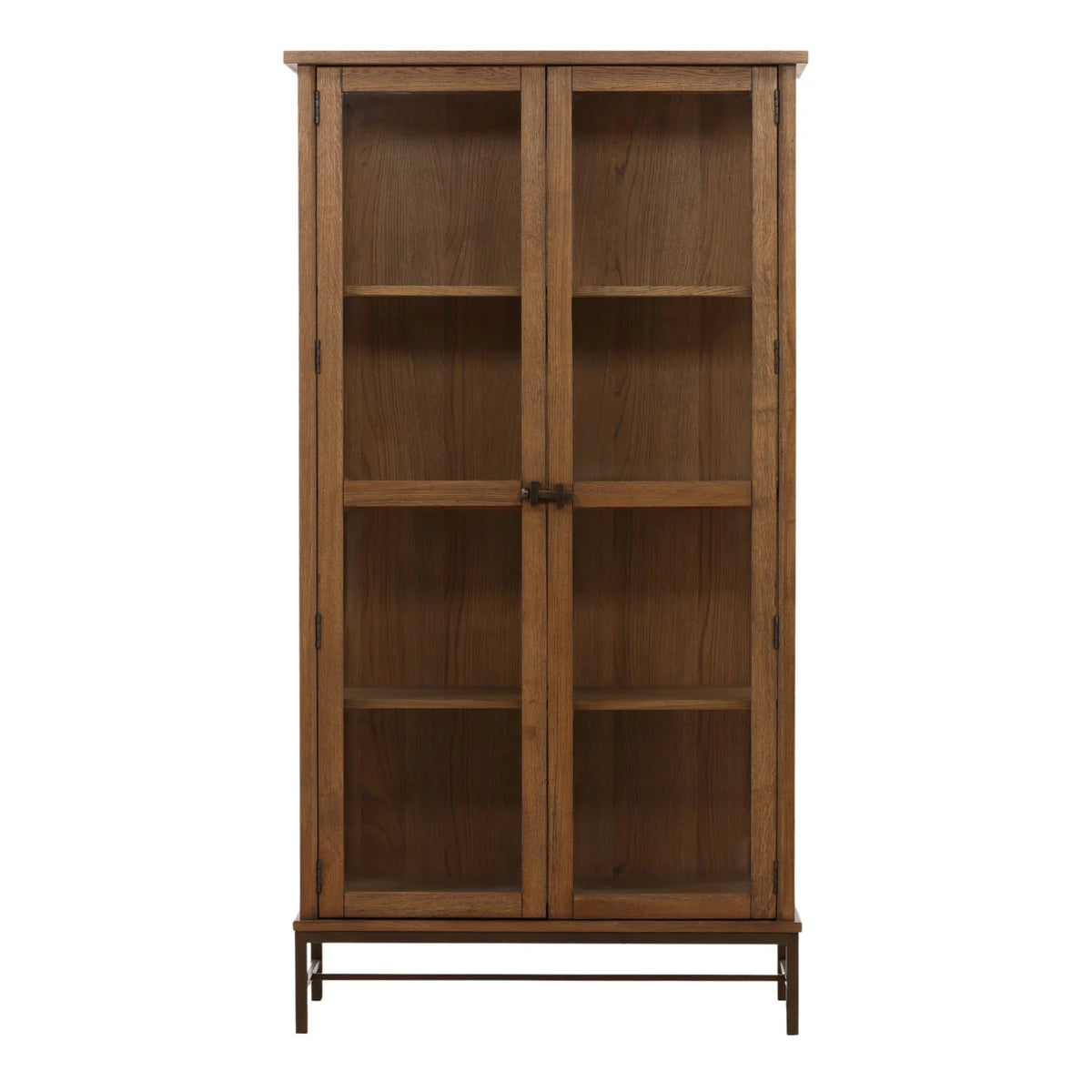 Hawthorne tall oak display cabinet in dark brown with glass-paneled doors and sides and a bronze-finished iron base.
