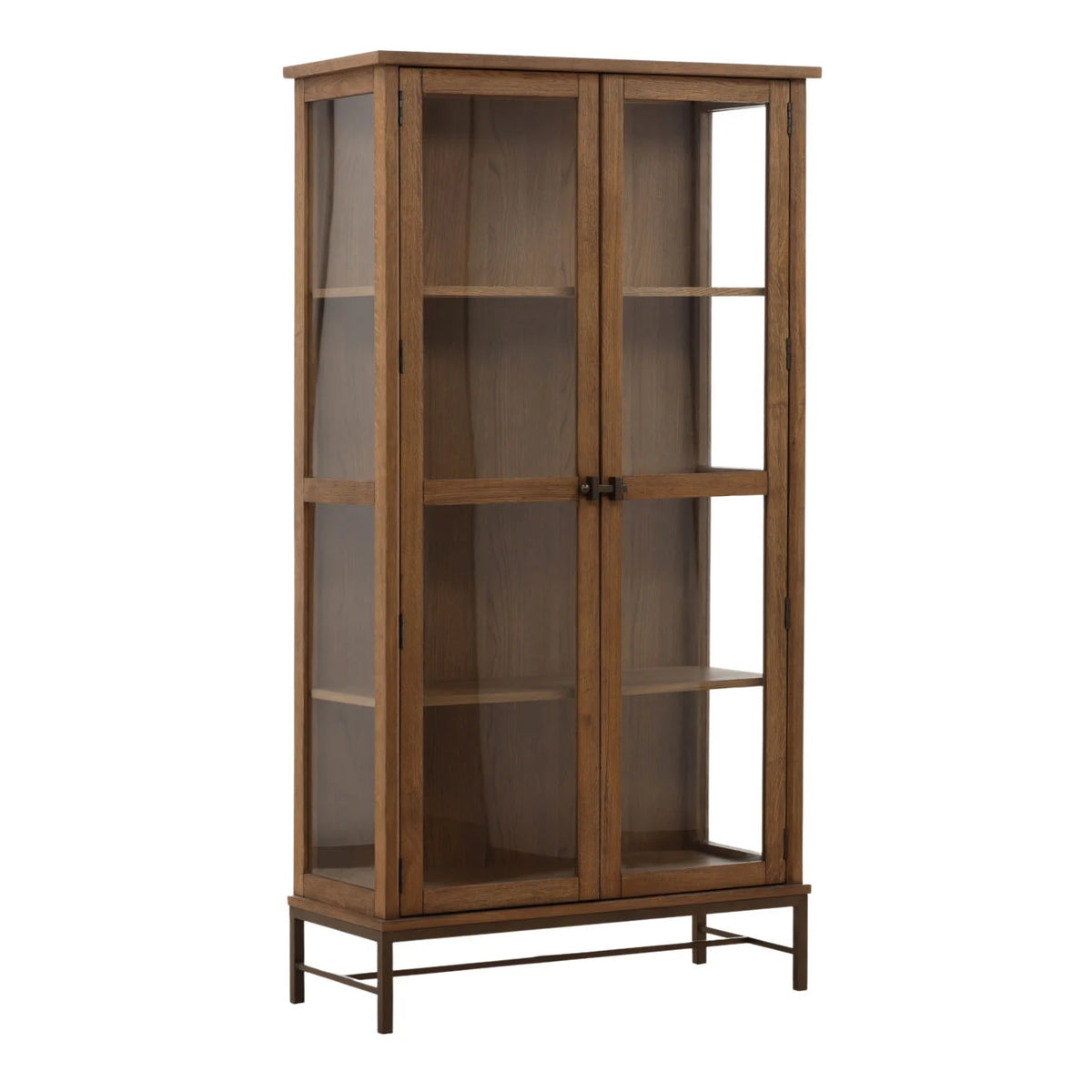Hawthorne tall oak display cabinet in dark brown with glass-paneled doors and sides and a bronze-finished iron base.