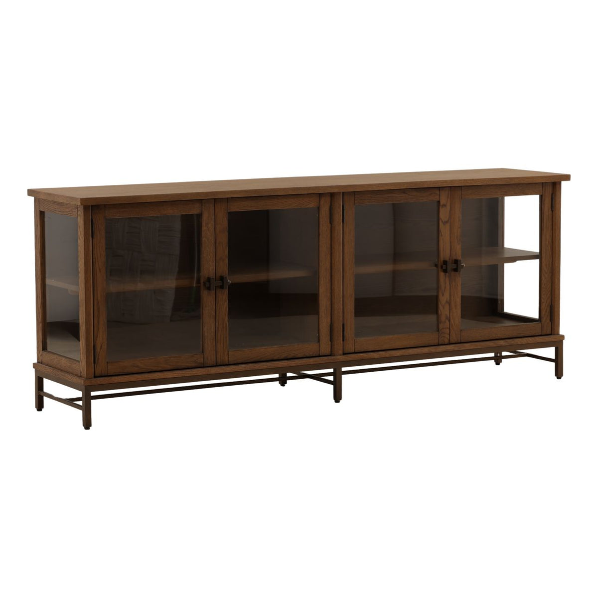Hawthorne Oak Sideboard in dark brown with a streamlined silhouette and bronze-finished iron base.