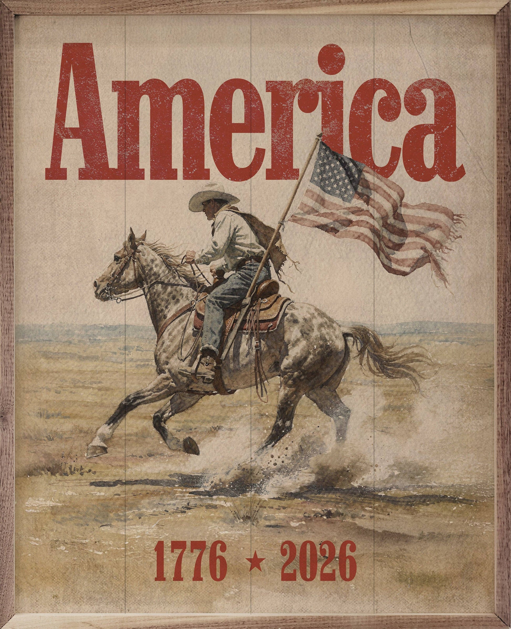 Heritage Cowboy Americana Framed Wall Art featuring timeless cowboy imagery in a rich natural walnut frame.
