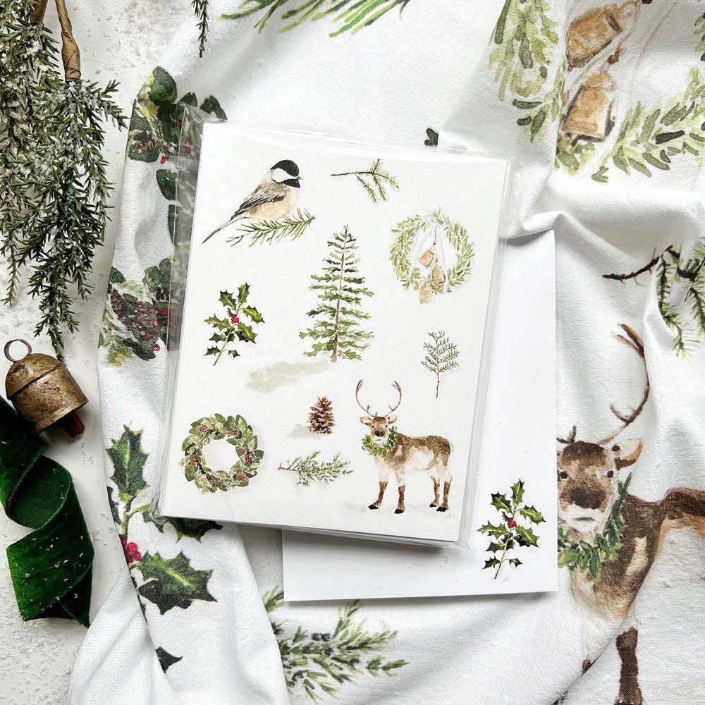 Evergreen Christmas Cotton Tea Towel by Emily Lex featuring original watercolor evergreen illustrations on soft flour sack cotton.