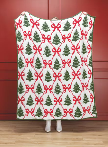 Plush chenille fabric with a festive Christmas tree design.
