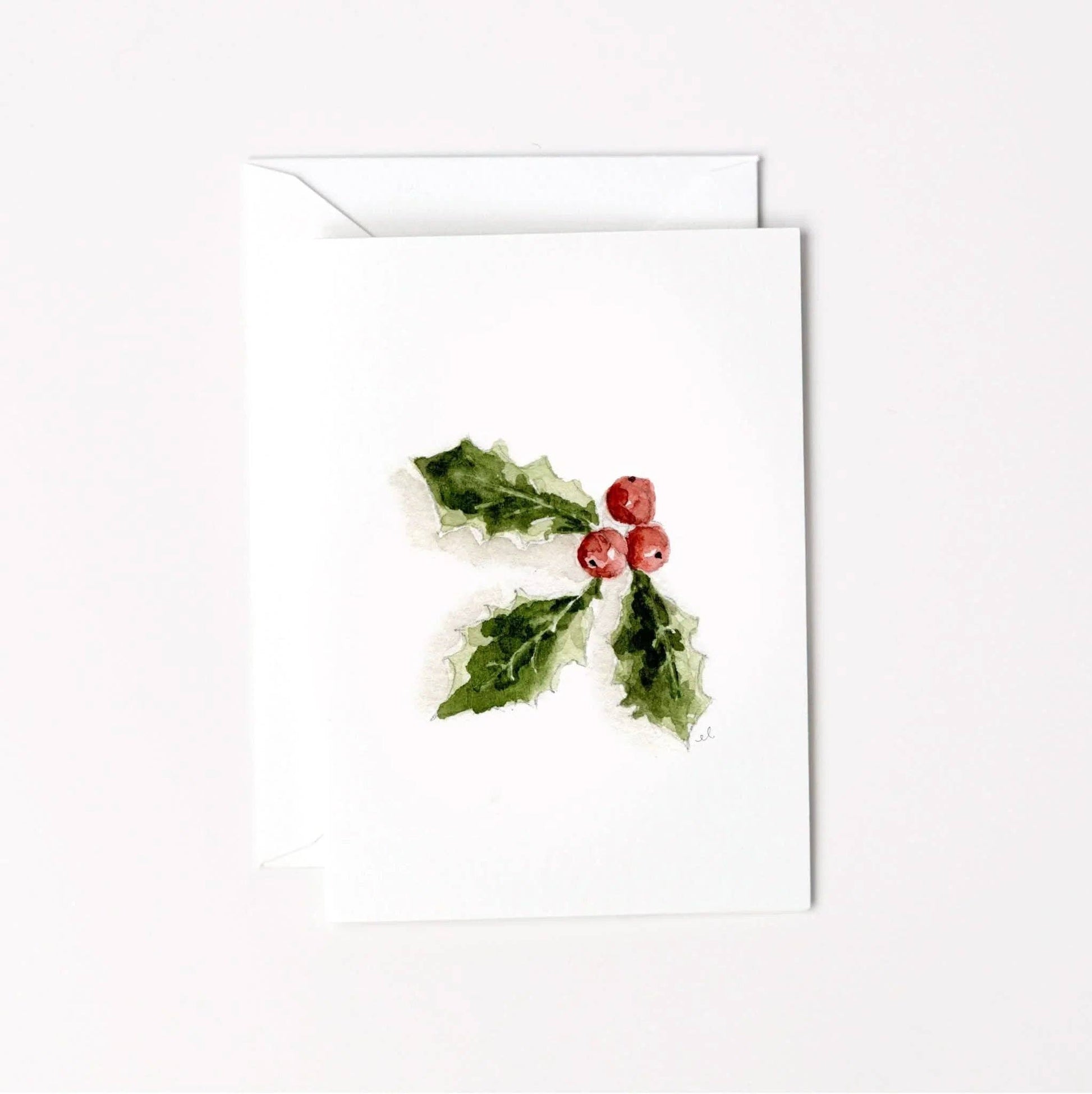 Holly Berry Christmas Mini Enclosure Card by Emily Lex featuring an original watercolor illustration of festive holly leaves and bright red berries.
