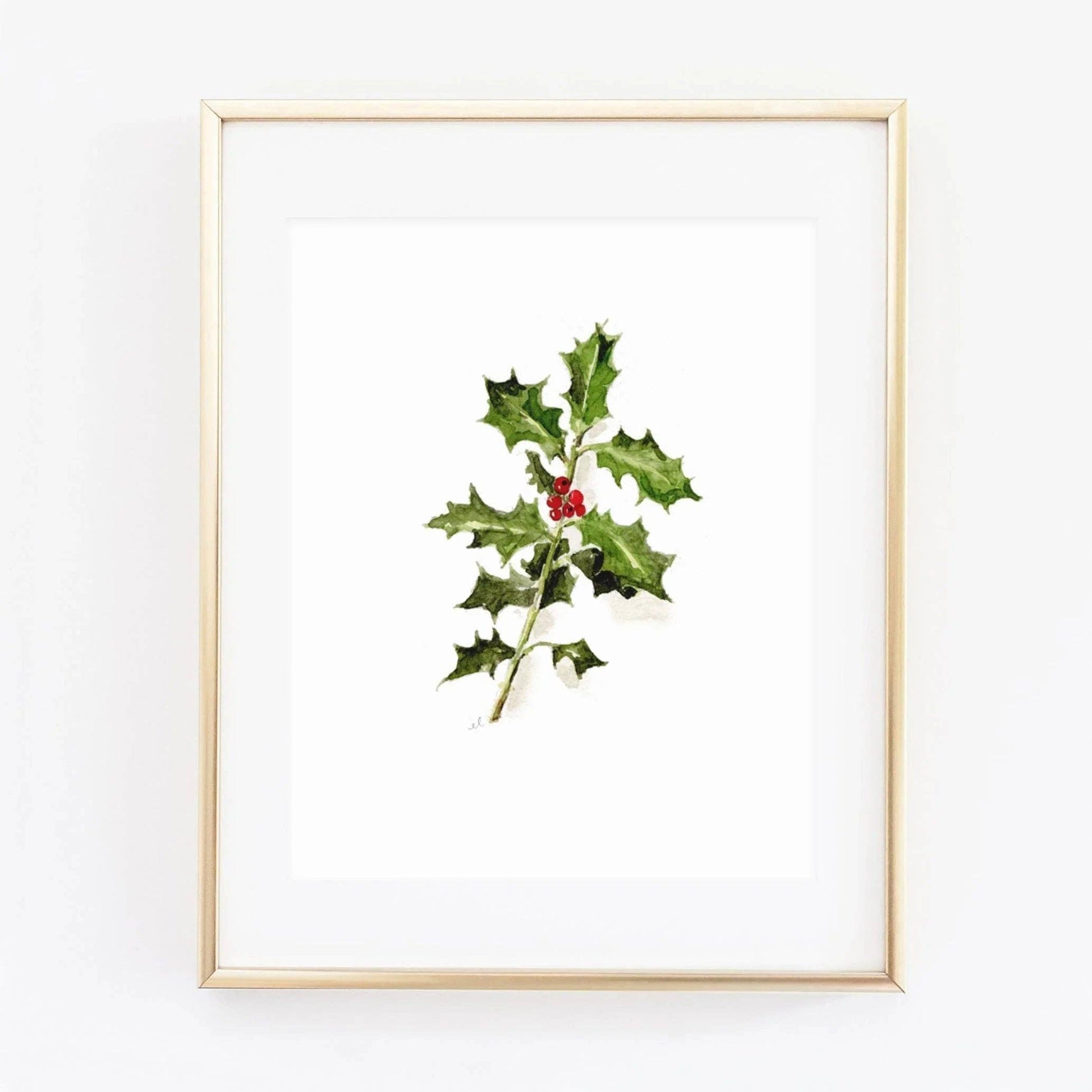 Holly Watercolor Art Print by Emily Lex featuring a hand-painted botanical holly illustration printed on premium superfine paper.