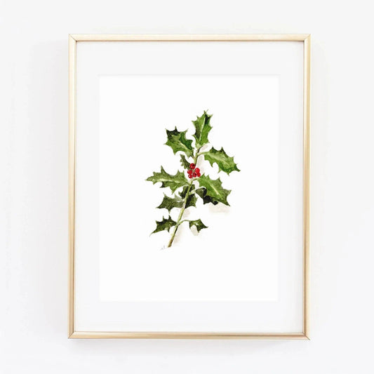 Holly Watercolor Art Print by Emily Lex featuring a hand-painted botanical holly illustration printed on premium superfine paper.