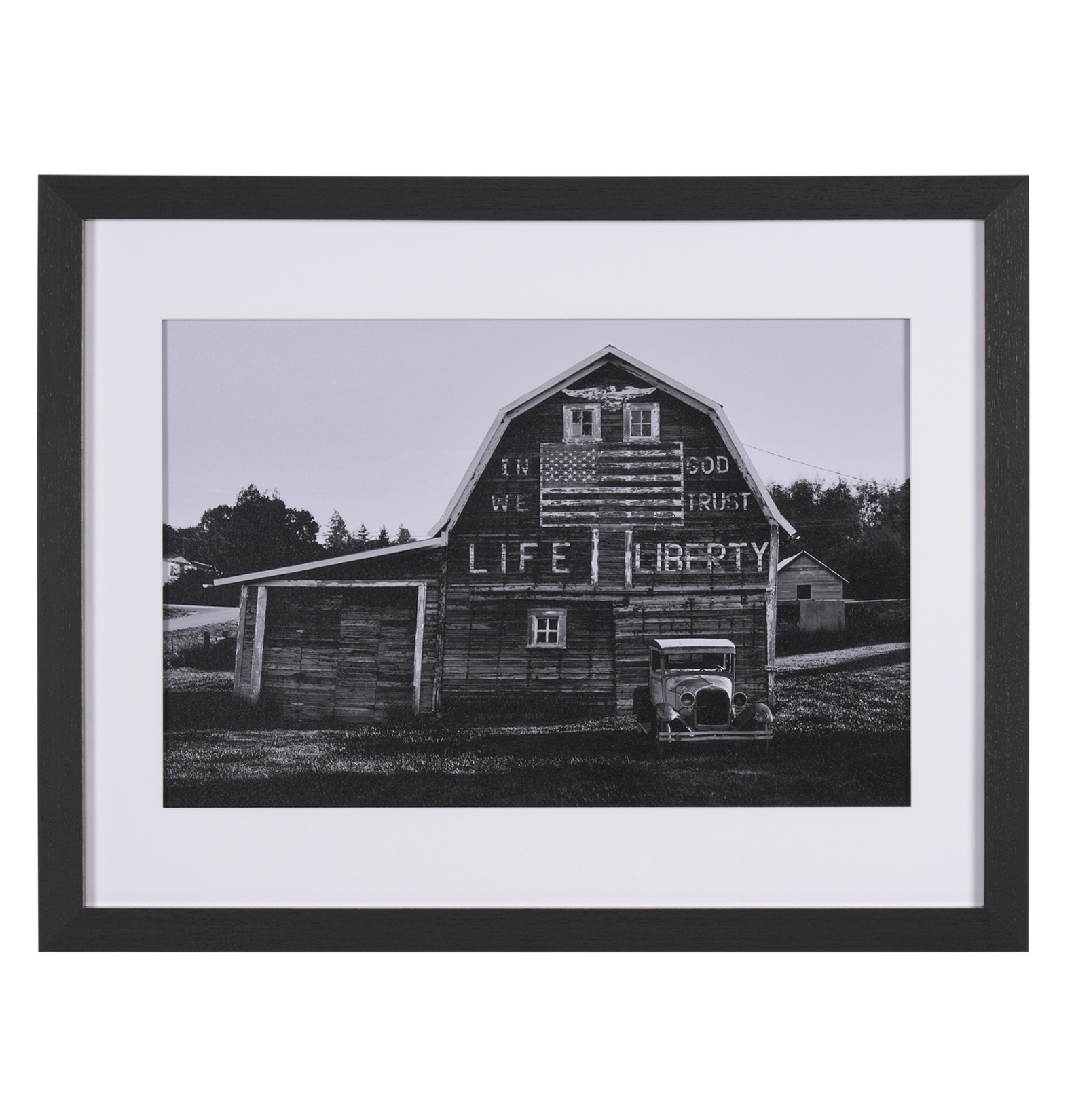In God We Trust framed monochrome artwork by David Reams featuring a vintage Americana barn.