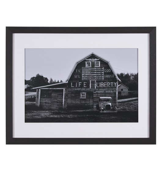 In God We Trust framed monochrome artwork by David Reams featuring a vintage Americana barn.