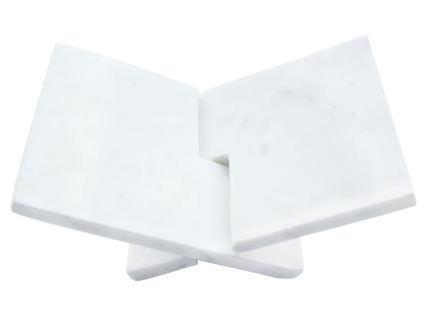 Interlocking white marble book holder featuring natural stone veining and a sculptural design.